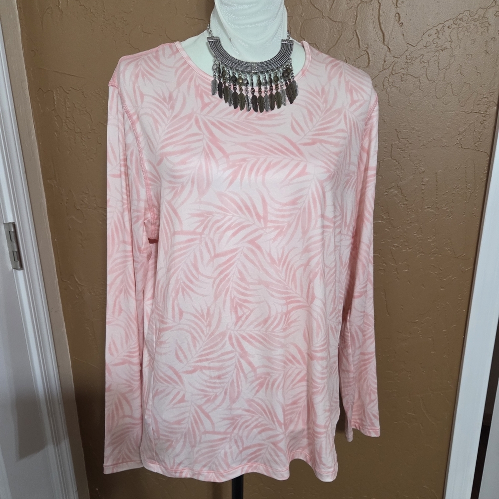 32 Degrees Pink Leaf Pattern Long Sleeve Tee, SZ XL SPF 50